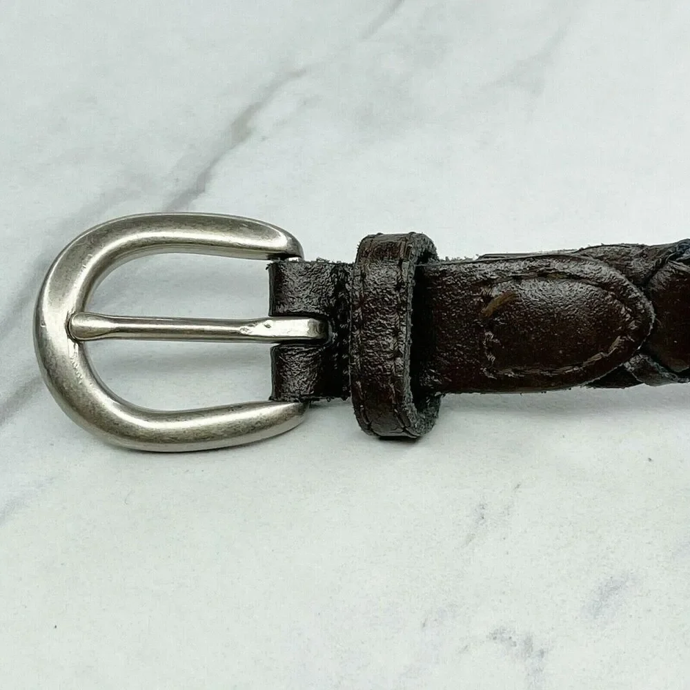 Vintage Brown Woven Leather Belt Silver Buckle Medium (M) ✨